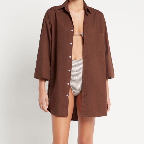 Faithfull the Brand Pontia Shirt Dress in Plain Dark Chocolate Size Small - Picture 1 of 11